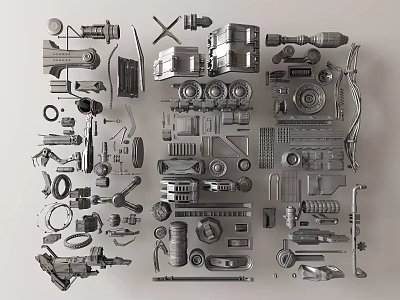 Assorted Mechanical Parts And Tools Collection With Gears Bolts Wrenches And Cogs 3d model