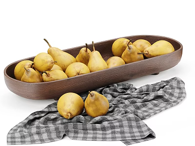 Fresh Ripe Pears in Oval Wooden Bowl with Checkered Cloth on White Background 3d model
