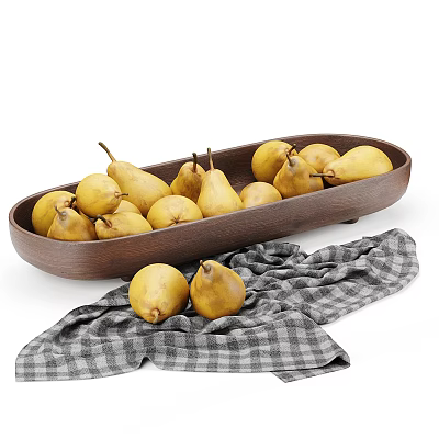 Fresh Ripe Pears in Oval Wooden Bowl with Checkered Cloth on White Background 3d model