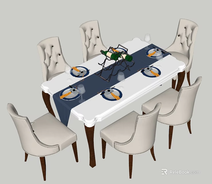 Elegant White Dining Table Set With Blue Runner Wine Bottle And Six Upholstered Chairs 3d model 