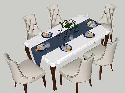 Elegant White Dining Table Set With Blue Runner Wine Bottle And Six Upholstered Chairs 3d model