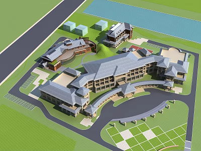 Hotel Building Aerial View With Connected Structures Sloped Roofs Green Lawns And Water Body 3d model