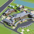 Hotel Building Aerial View With Connected Structures Sloped Roofs Green Lawns And Water Body
