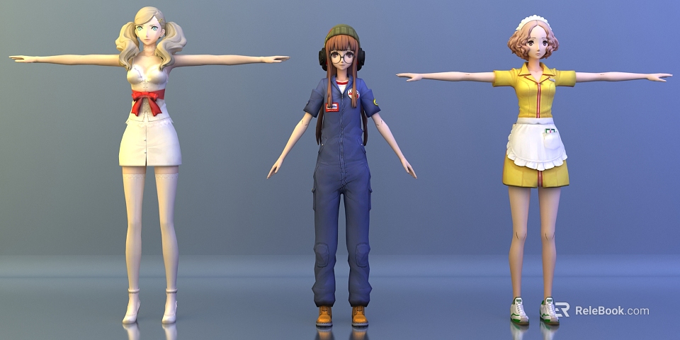 Game and Movie Characters with Blonde Hair Short Skirt Blue Overalls Yellow Apron Poses 3d model 