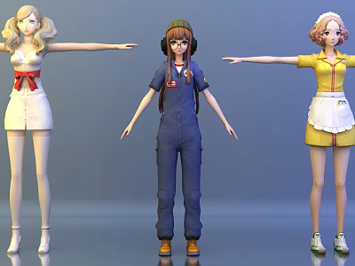 Game and Movie Characters with Blonde Hair Short Skirt Blue Overalls Yellow Apron Poses 3d model
