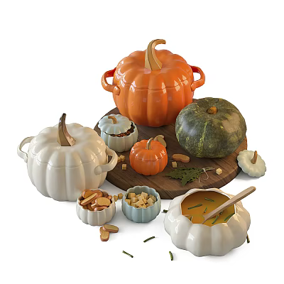 Pumpkin Shaped Tableware Set with Orange White Green Pots Bowls Wooden Board Nuts Soup Spoon 3d model