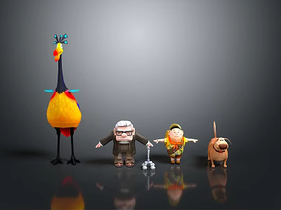 Elderly Man With Glasses Standing With Child Dog And Tall Colorful Bird On Reflective Surface 3d model