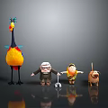 Elderly Man With Glasses Standing With Child Dog And Tall Colorful Bird On Reflective Surface