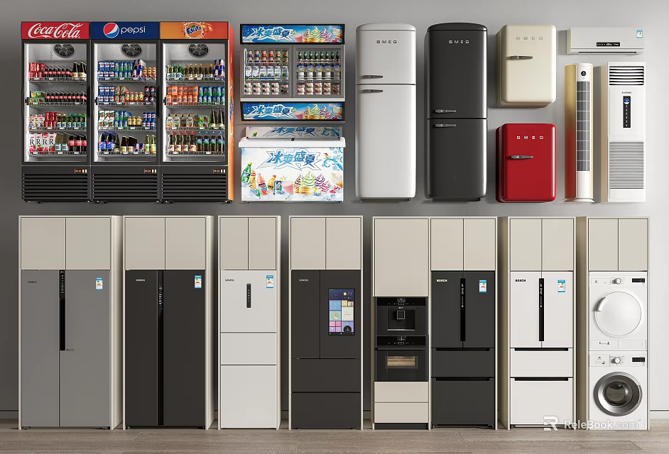 Refrigerators and Freezers in Various Colors and Styles Including Beverage Display Coolers and Upright Models 3d model 