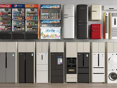 Refrigerators and Freezers in Various Colors and Styles Including Beverage Display Coolers and Upright Models 3d model