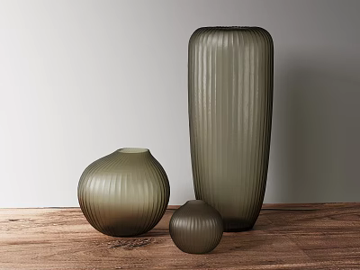 Ribbed Olive Green Glass Vases in Various Sizes on Wooden Table with Light Gray Wall 3d model