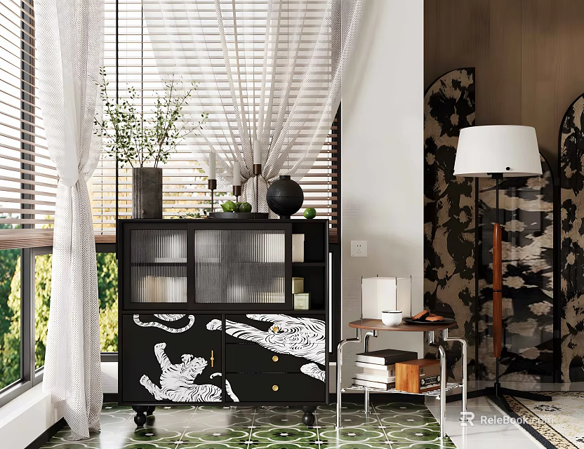Black and White Chest of Drawers with Tiger Pattern in Modern Living Room Interior 3d model 