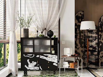 Black and White Chest of Drawers with Tiger Pattern in Modern Living Room Interior 3d model