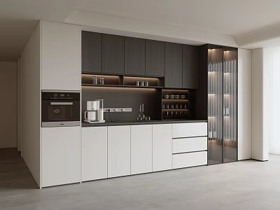 Modern Kitchen Sideboard With White Dark Cabinets Drawers Open Shelves LED Lighting 3d model