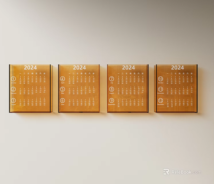 2024 Minimalist Wall Calendars Arranged in a Row on Wall 3d model 