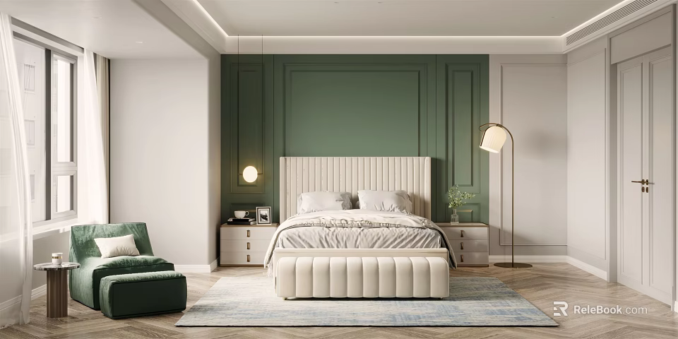 Modern Bedroom Interior With Green Wall Beige Bed Green Armchair Nightstand Floor Lamp And Rug 3d model 