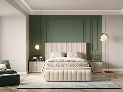 Modern Bedroom Interior With Green Wall Beige Bed Green Armchair Nightstand Floor Lamp And Rug 3d model