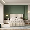 Modern Bedroom Interior With Green Wall Beige Bed Green Armchair Nightstand Floor Lamp And Rug
