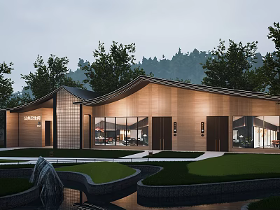 Modern Post Station With Wooden Exterior Glass Windows Lush Greenery And Water Feature 3d model