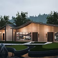 Modern Post Station With Wooden Exterior Glass Windows Lush Greenery And Water Feature