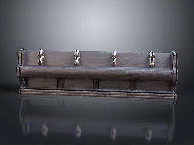 Dark Wooden Hook Rack With Four Metal Hooks And Decorative Edges On Smooth Surface 3d model
