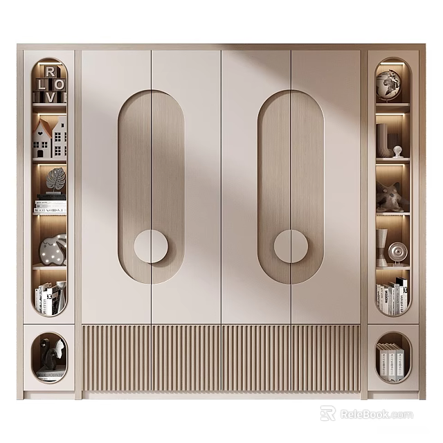 Modern Wardrobe With Double Door Circular Accents Open Shelves Decorative Items Books And Vertical Stripes 3d model 