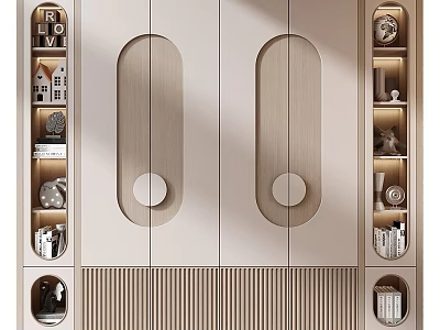 Modern Wardrobe With Double Door Circular Accents Open Shelves Decorative Items Books And Vertical Stripes 3d model