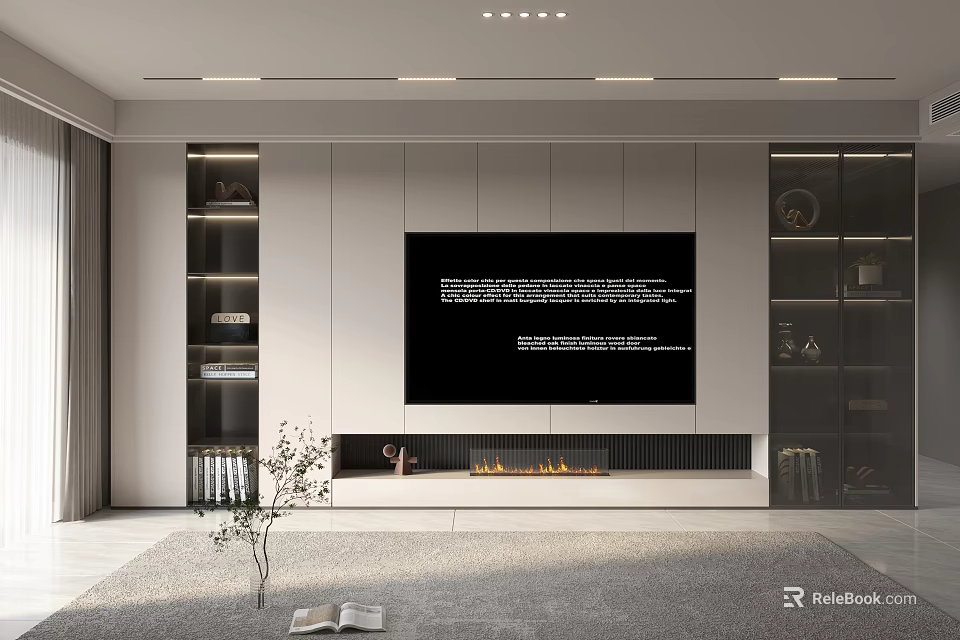 Modern Living Room TV Backdrop Cabinet With Fireplace And Open Shelves Design 3d model 