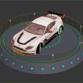 White Sports Car On Circular Display Platform With Blue Lights