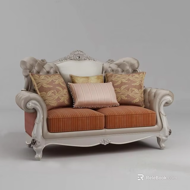 Elegant Double Sofa With Carved Silver Frame Orange Striped Cushions And Patterned Pillows 3d model