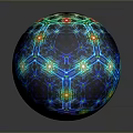 Artistic Colorful Sphere With Geometric Patterns And Luminous Dots On Dark Background