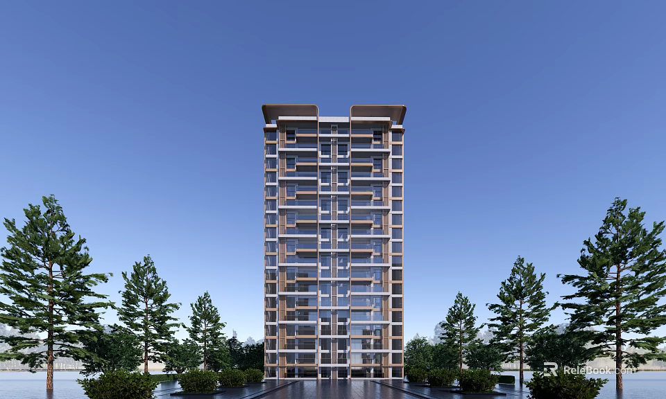 Modern High Rise Residential Building Surrounded by Trees Under Blue Sky 3d model 