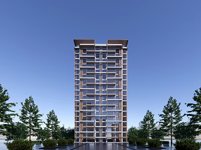 Modern High Rise Residential Building Surrounded by Trees Under Blue Sky 3d model