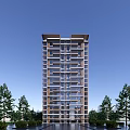Modern High Rise Residential Building Surrounded by Trees Under Blue Sky