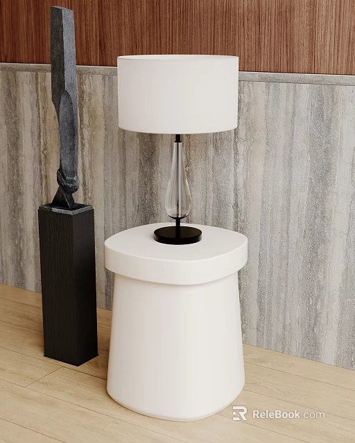 Stylish Table Lamp with White Shade Transparent Column Black Base on White Table Wooden Wall 3d model 