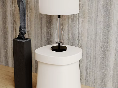Stylish Table Lamp with White Shade Transparent Column Black Base on White Table Wooden Wall 3d model