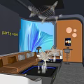 Modern KTV Party Room Interior With Blue Background Screen Sofa Coffee Table And Chandelier