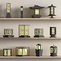 Chinese Style Outdoor Lantern Lights With Black Frame And Patterned Illuminated Design 3d model
