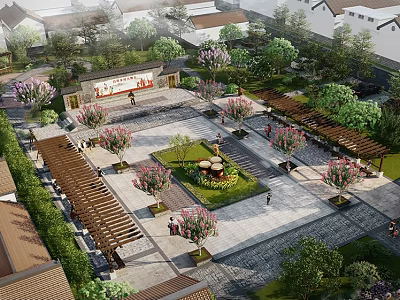 Traditional Garden Landscape Design With Stone Pathways Flowering Trees And Wooden Pavilions 3d model