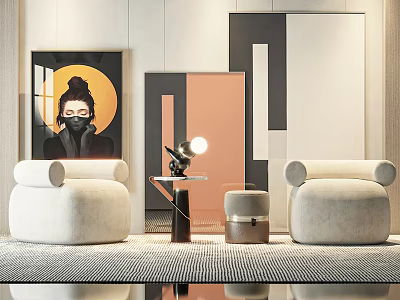 White Leisure Chairs In Modern Interior With Coffee Table Lamp Decorative Paintings And Area Rug 3d model