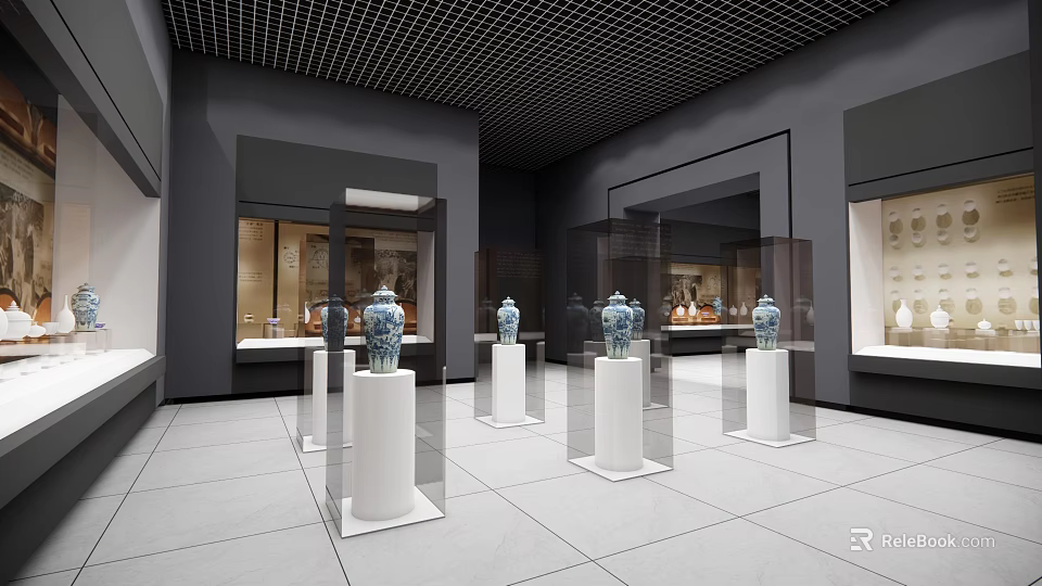 Museum Exhibition Hall With Glass Display Cases And Ceramic Vases On Pedestals 3d model 