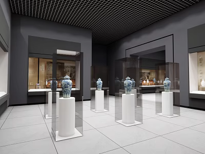 Museum Exhibition Hall With Glass Display Cases And Ceramic Vases On Pedestals 3d model