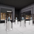 Museum Exhibition Hall With Glass Display Cases And Ceramic Vases On Pedestals