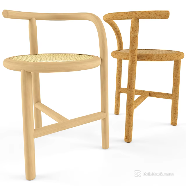 Two Minimalist Leisure Chairs With Wooden Frame And Wicker Seat Design 3d model 