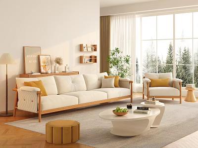 Modern Living Room Interior With Wooden Frame Sofa Yellow Cushions Large Window And Green Plant 3d model