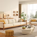Modern Living Room Interior With Wooden Frame Sofa Yellow Cushions Large Window And Green Plant