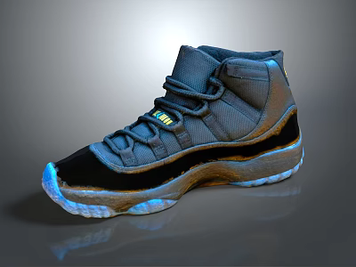 Stylish High Top Sneakers With Gray Upper Black Accents And Blue Reflective Soles 3d model