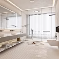 Modern Bathroom Interior Design With Double Sinks Marble Countertop Large Mirror And Bathtub