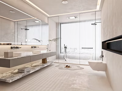 Modern Bathroom Interior Design With Double Sinks Marble Countertop Large Mirror And Bathtub 3d model