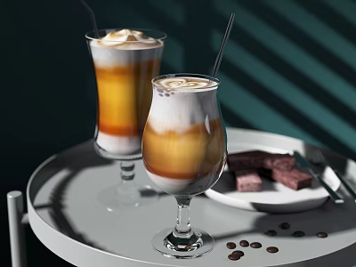 Layered Iced Coffee Drinks With Cream Topping Straws On Tray Coffee Beans And Chocolate Pieces 3d model